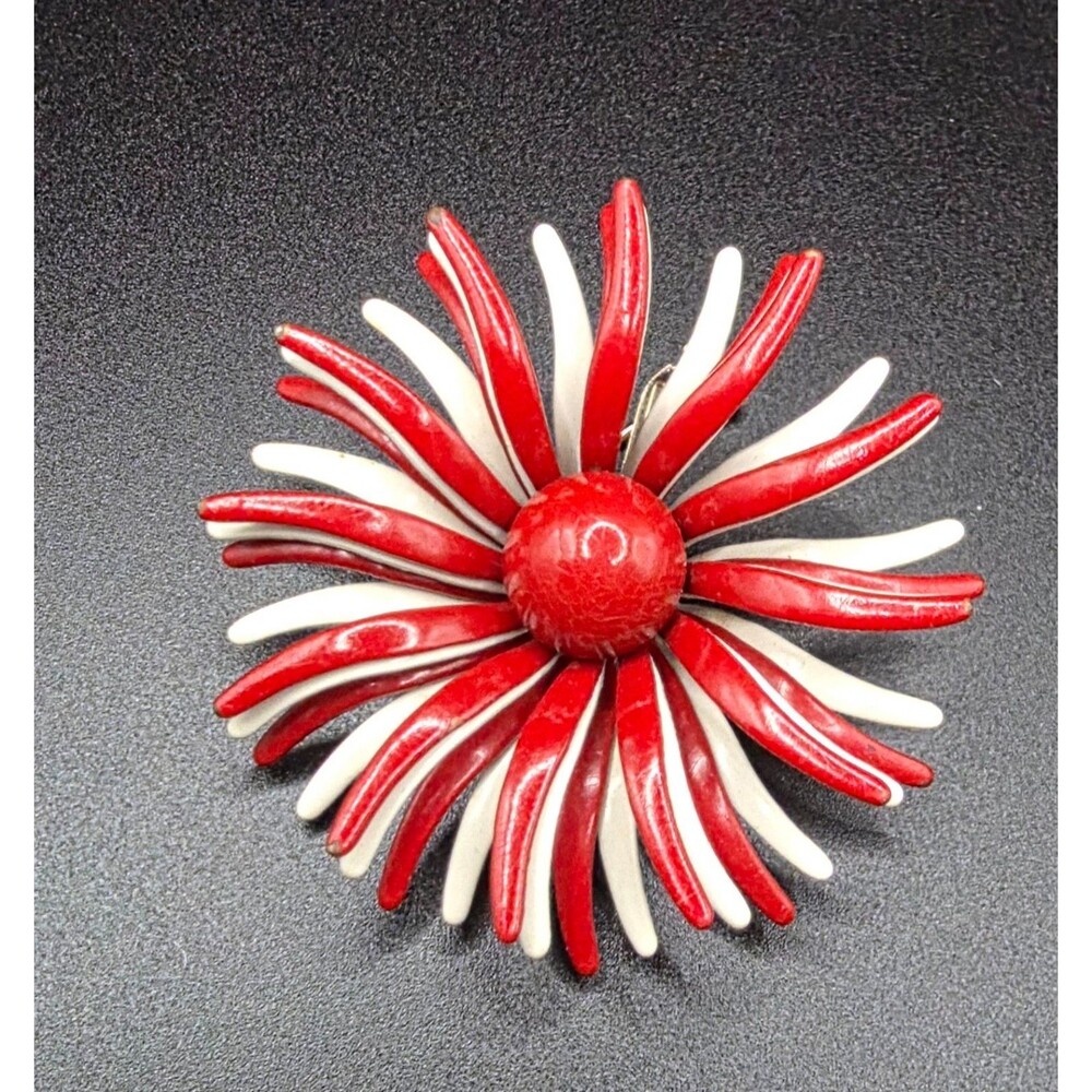 Vintage Red White Enamel Flower Brooch Pin Atomic Starburst Mid Century